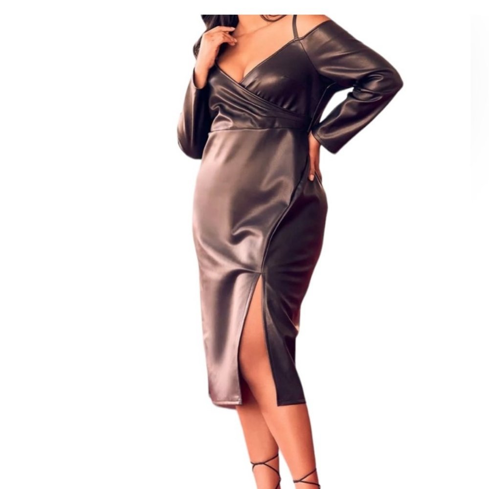 Black Faux Leather Off Shoulder Dress